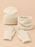 Conjunto de gorro, braga de cuello y guantes de punto elástico, color beige, vista frontal
