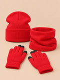Ensemble bonnet, tour de cou et gants rouge, vue de face.