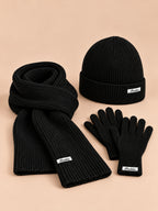 Ensemble bonnet, écharpe et gants femme style coréen, noir, vue de trois quarts.