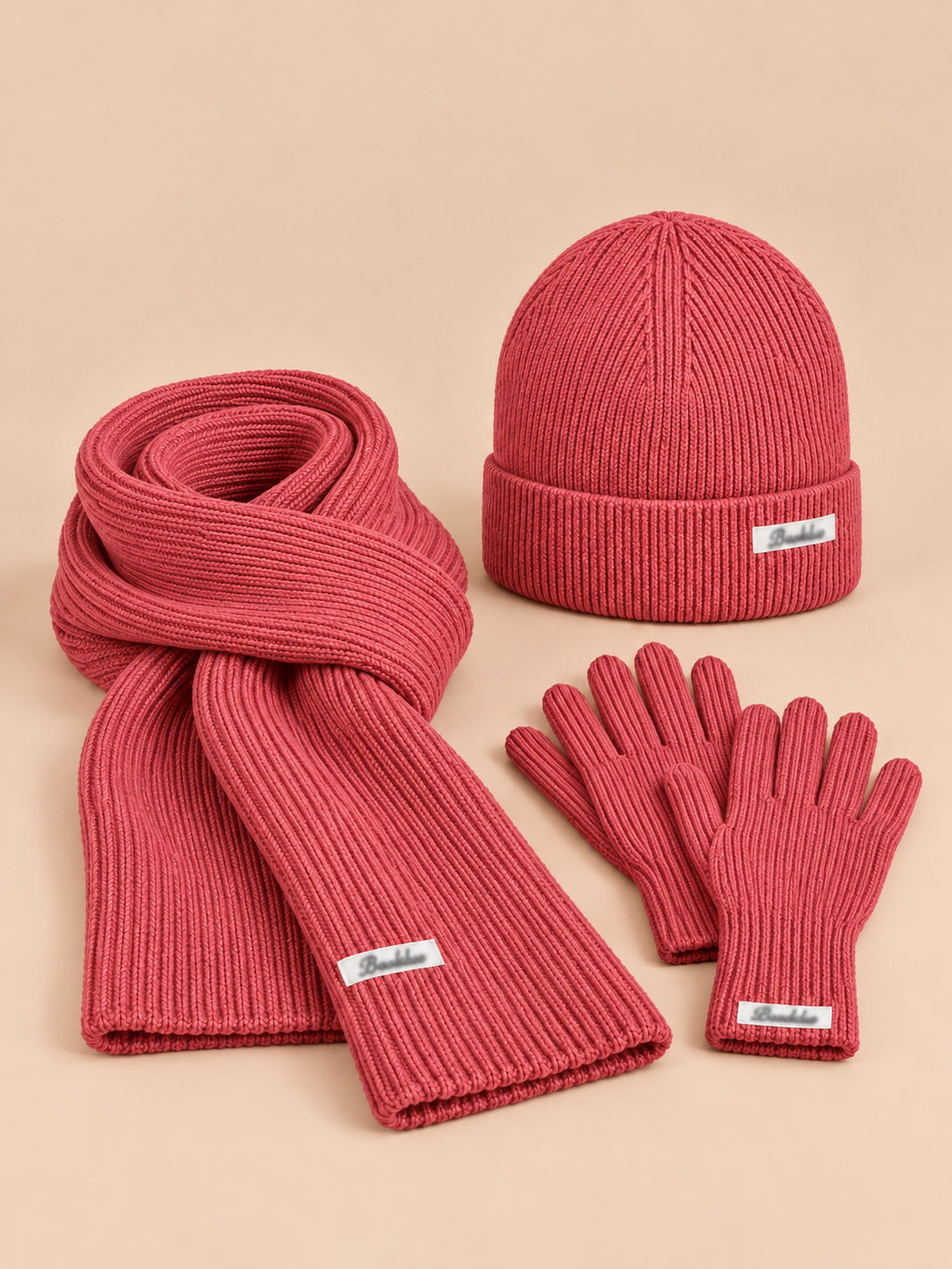 Conjunto de gorro, bufanda y guantes de mujer, estilo coreano, color fucsia, vista frontal