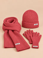 Conjunto de gorro, bufanda y guantes de mujer, estilo coreano, color fucsia, vista frontal