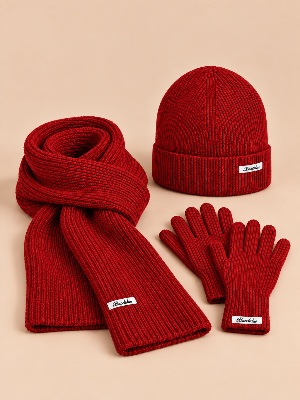 Conjunto de gorro, bufanda y guantes de mujer, estilo coreano, color rojo, vista frontal