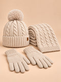 Conjunto de gorro, bufanda y guantes táctiles con forro polar, color beige, vista frontal