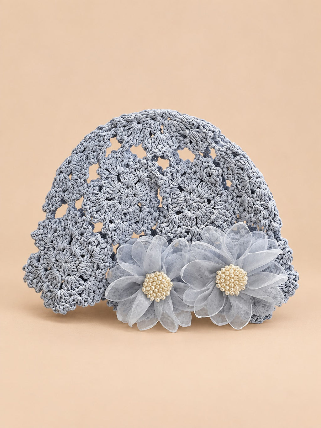 Gorro de algodón con flores a ganchillo, estilo japonés, color azul, vista frontal