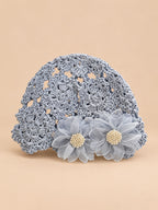 Gorro de algodón con flores a ganchillo, estilo japonés, color azul, vista frontal