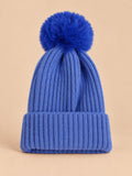 Gorro de punto con pompón grande y suave para esquí, sin logo, color azul, vista frontal