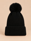 Gorro de punto con pompón grande y suave para esquí, sin logo, color negro, vista frontal