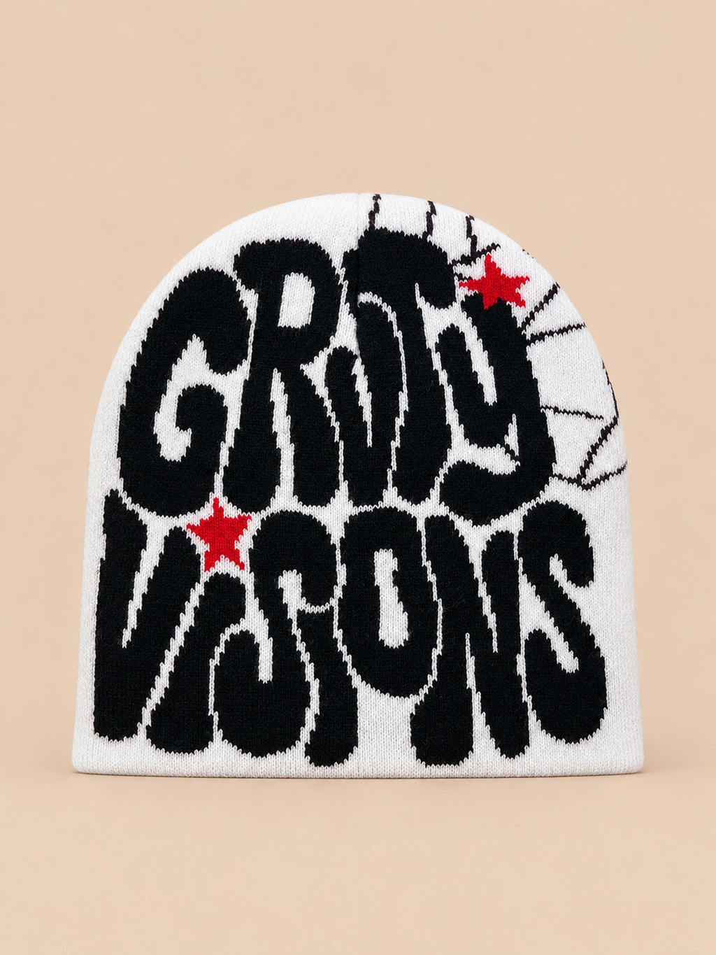 Gorro hip-hop de punto con letras, estilo streetwear, colores blanco y negro, GRIND VISIONS, vista frontal