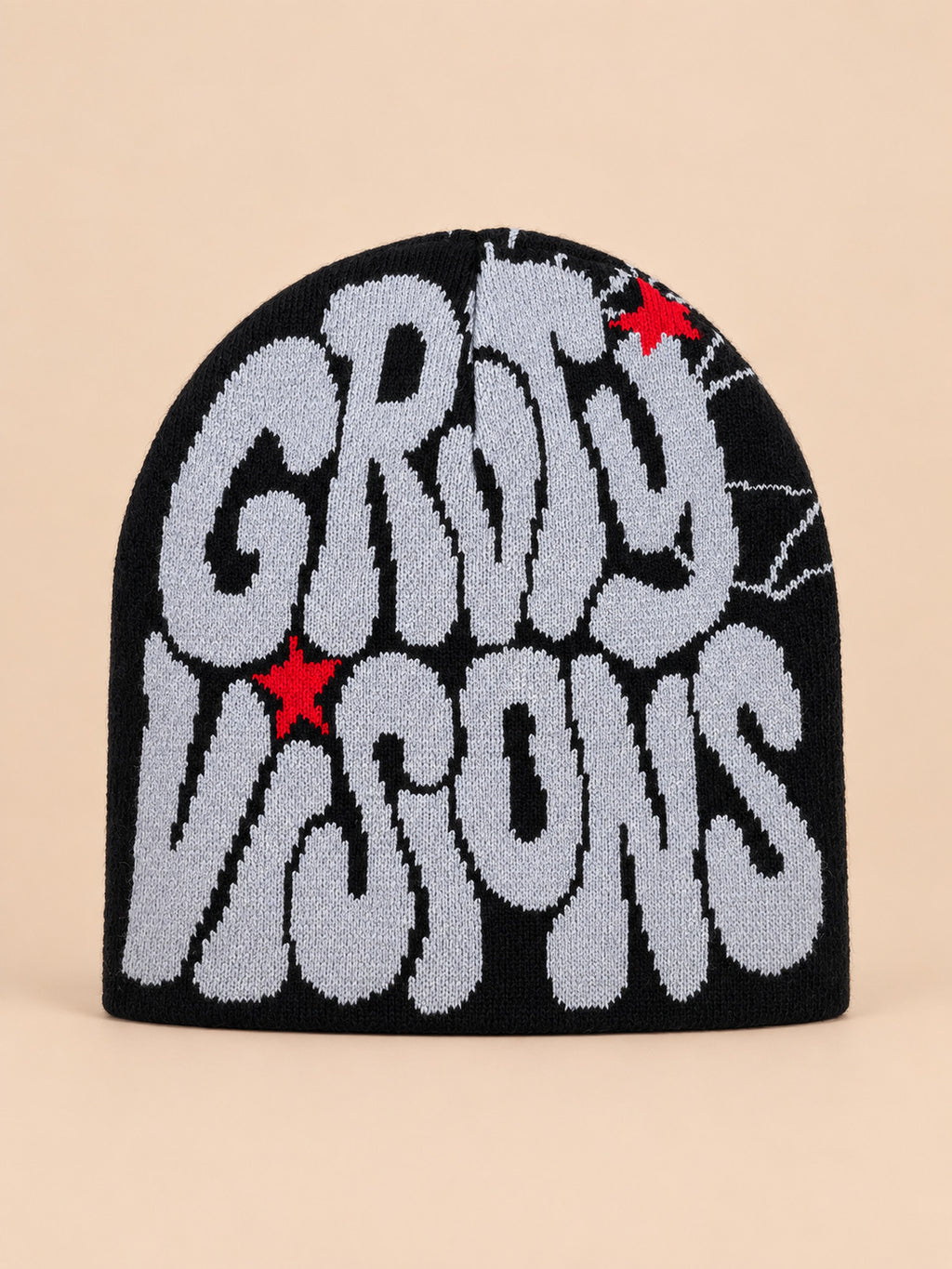 Gorro hip-hop de punto con letras, estilo streetwear, colores negro y gris, GRIND VISIONS, vista frontal