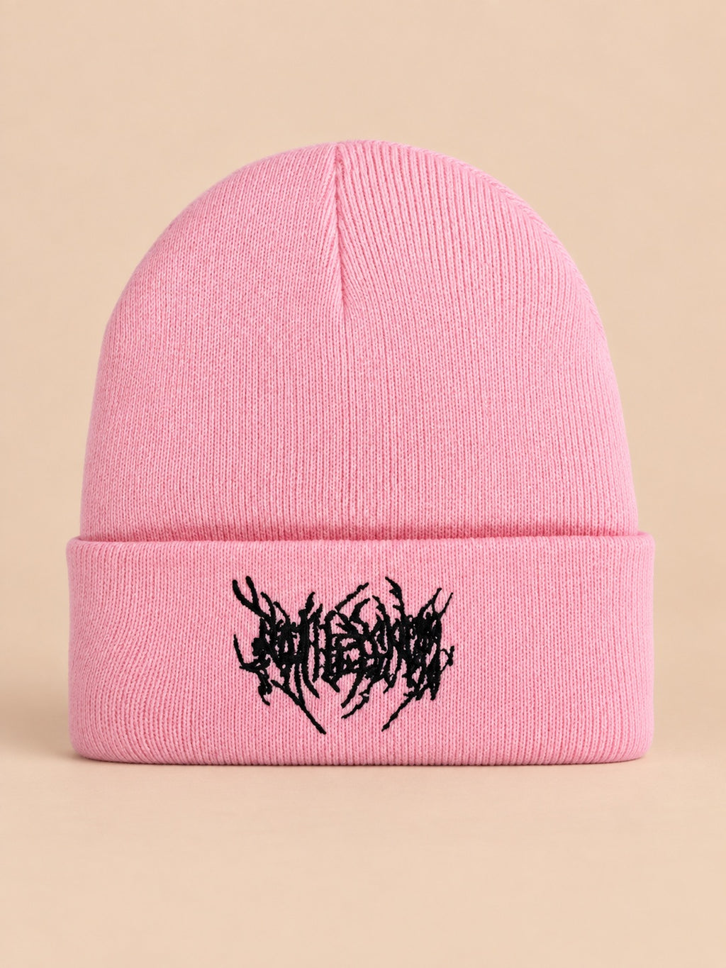 Gorro de punto cálido y versátil para invierno, colores rosa y negro, vista frontal