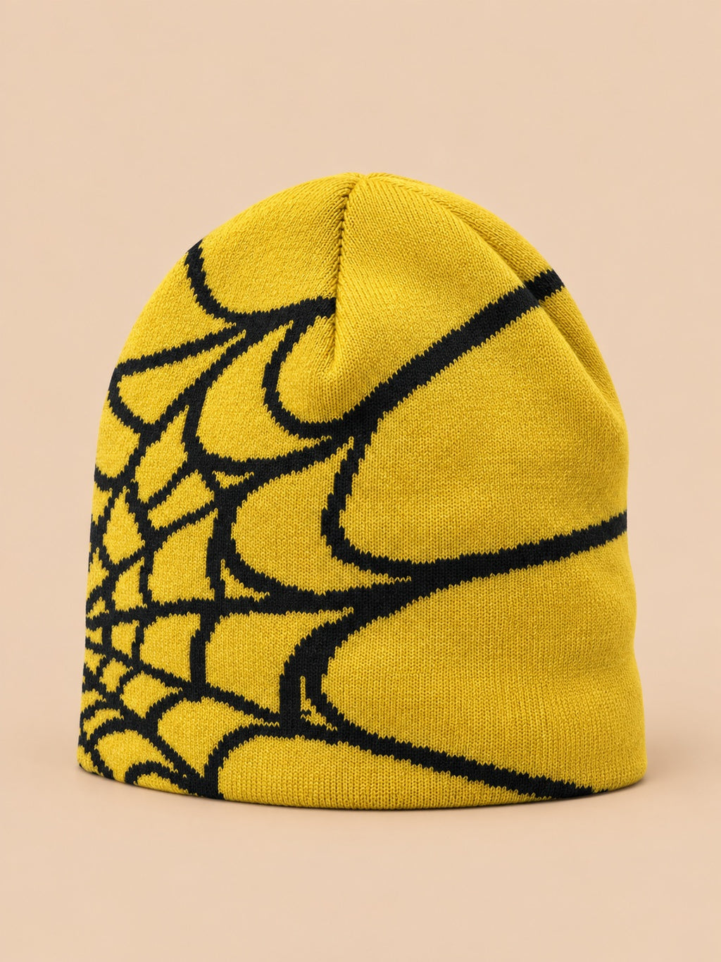 Gorro de punto con telaraña para todo el año, colores amarillo y negro, vista de tres cuartos