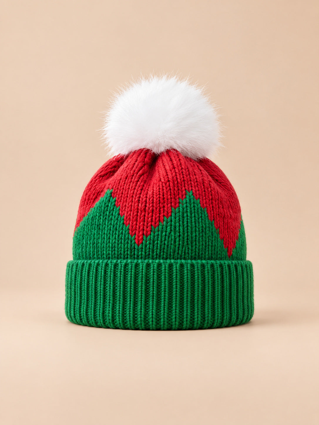 Bonnet de Noël femme torsadé modèle 1, vert et rouge, pompon blanc, vue de face
