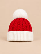 Bonnet de Noël femme torsadé modèle 2, rouge et blanc, pompon blanc, vue de face