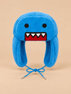 Gorro cálido con orejeras y dibujos animados, color azul, vista frontal en la fotografía del producto