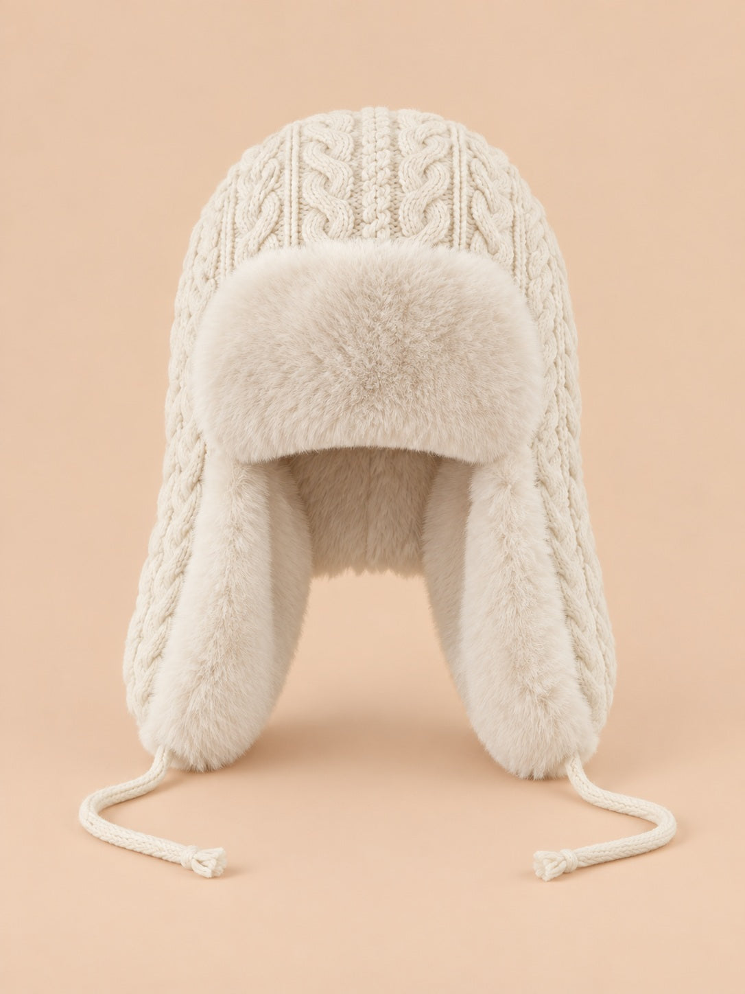 Gorro peruano de mujer blanco marfil con orejeras y cintas para anudar, fotografiado de frente