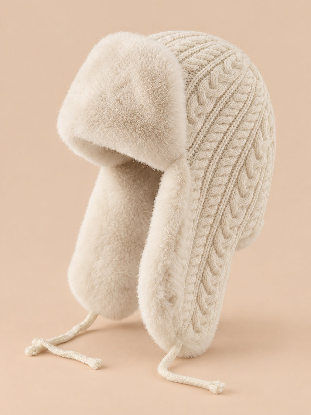 Gorro peruano de mujer con orejeras y cintas, color blanco marfil, vista de tres cuartos
