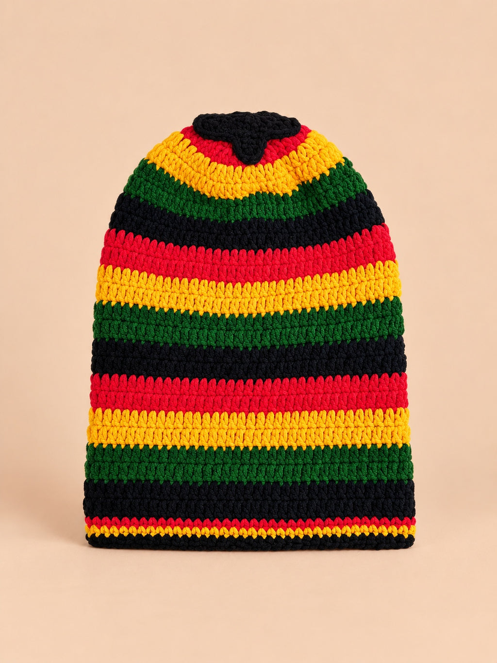 Gorro rasta de punto a rayas multicolor, estilo reggae, modelo 2, colores rojo, amarillo, verde y negro, vista frontal