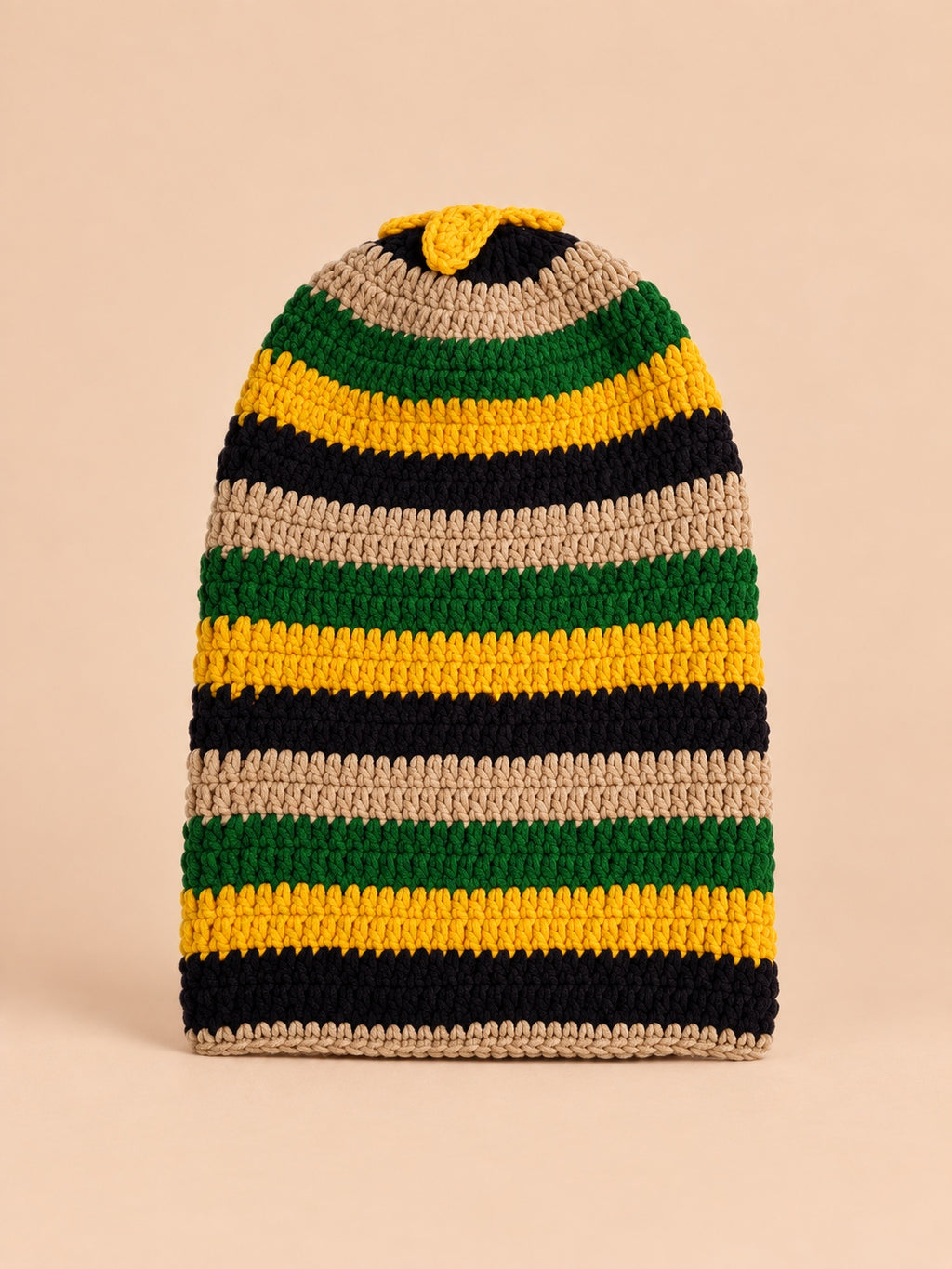Gorro rasta de punto a rayas multicolor, estilo reggae, modelo 7, colores verde, amarillo, beige y negro, vista frontal