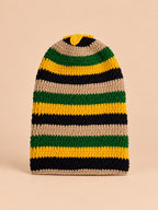Gorro rasta de punto a rayas multicolor, estilo reggae, modelo 7, colores verde, amarillo, beige y negro, vista frontal