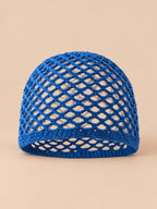 Gorro de rejilla de algodón calado a ganchillo para todo el año, color azul real, vista frontal