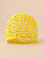 Bonnet résille en coton au crochet, jaune poussin, vue de face