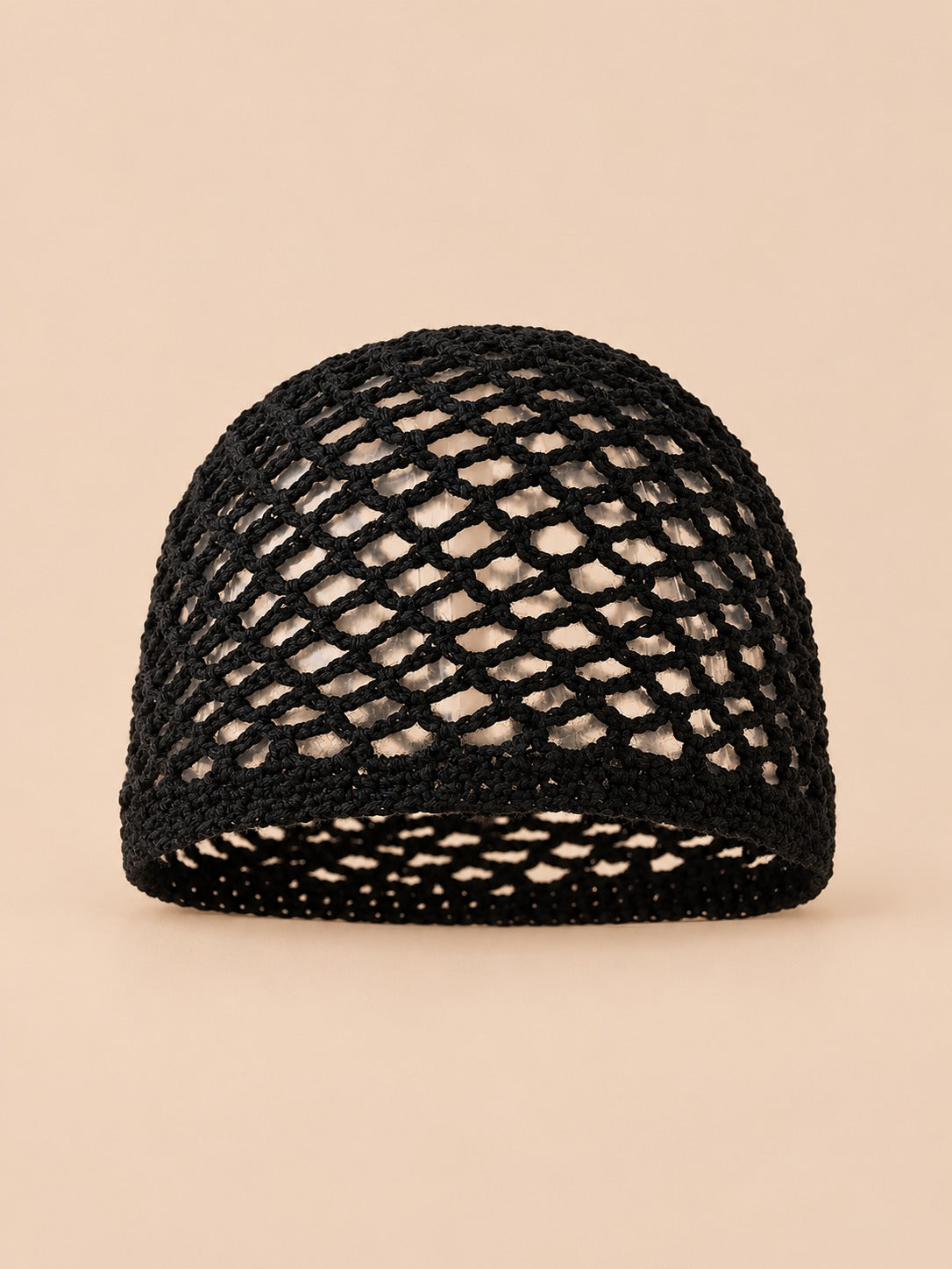 Bonnet résille en coton au crochet, noir, vue de face