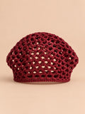 Gorro retro de rejilla de ganchillo fino con canalé, color burdeos, vista frontal