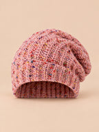 Gorro slouchy de mujer bicolor de punto grueso, color rosa, vista frontal en la fotografía del producto