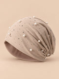 Bonnet slouchy femme orné de perles et strass, beige, vue de face