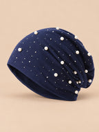 Bonnet slouchy femme orné de perles et strass, bleu marine, vue de face