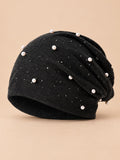 Bonnet slouchy femme orné de perles et strass, noir, vue de face