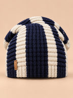Bonnet slouchy femme à rayures bleu marine et beige en maille, vue de face