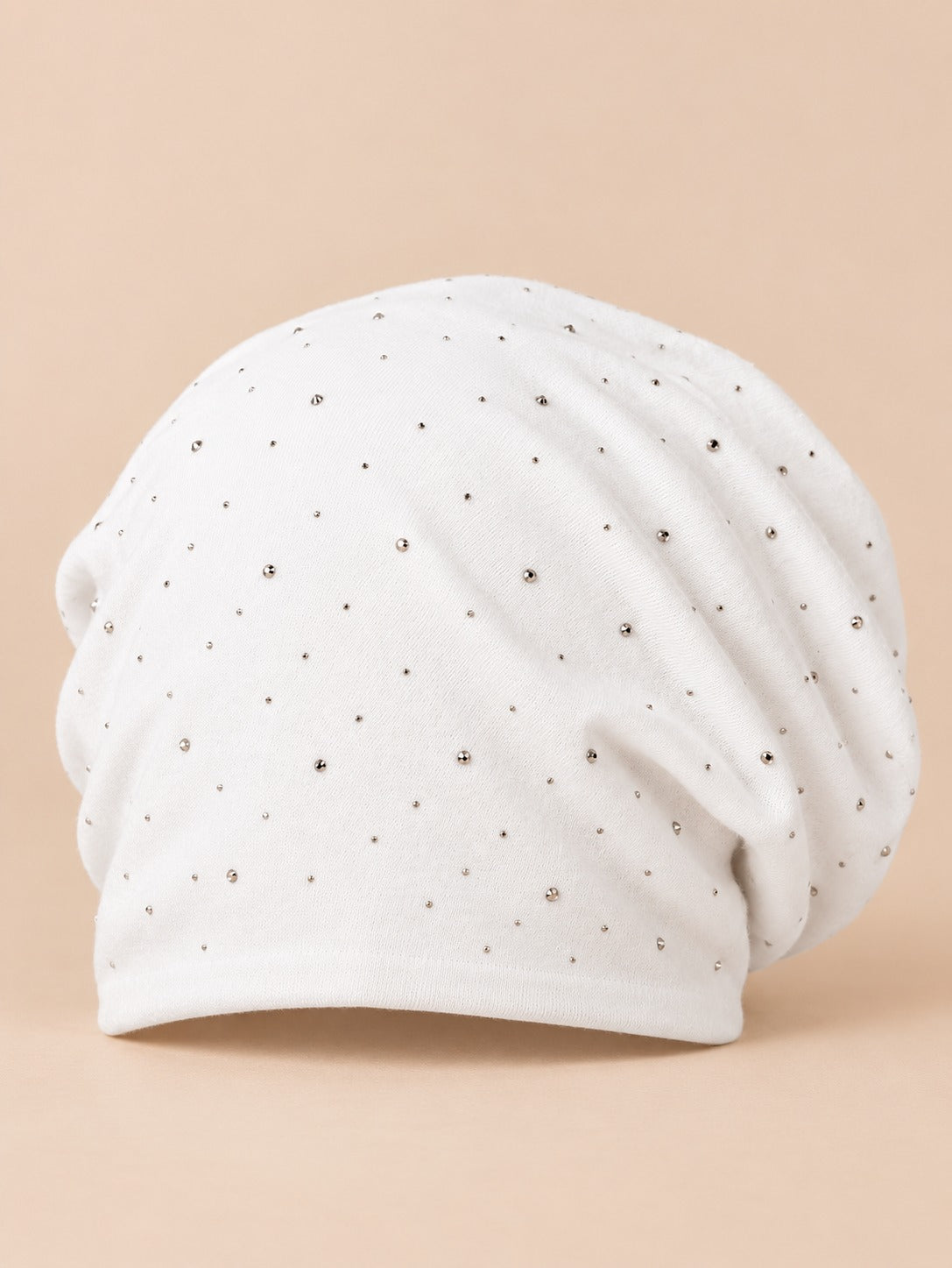 Bonnet slouchy femme à strass en coton tricoté, blanc, vue de face
