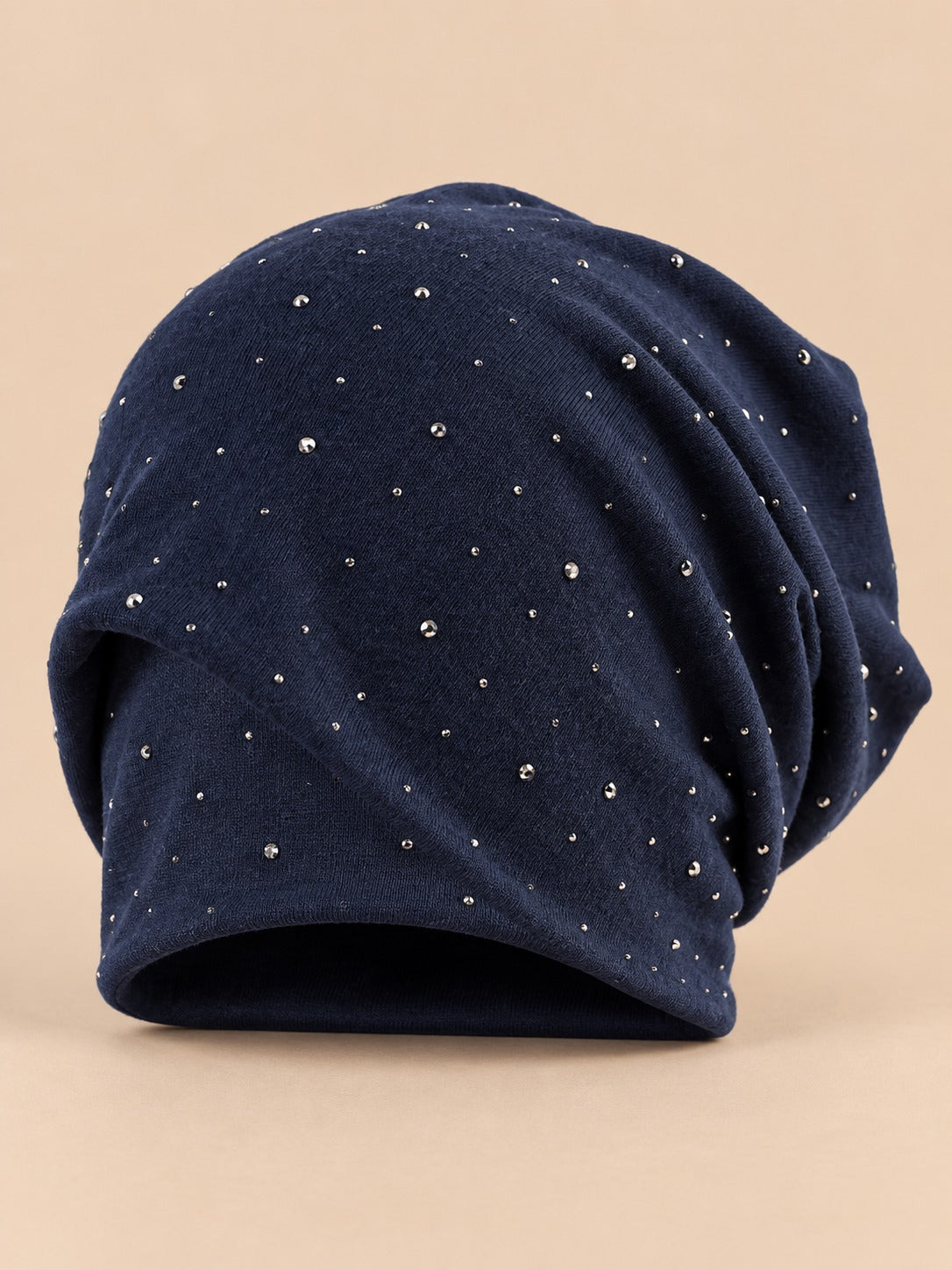 Bonnet slouchy femme à strass en coton tricoté, bleu marine, vue de face