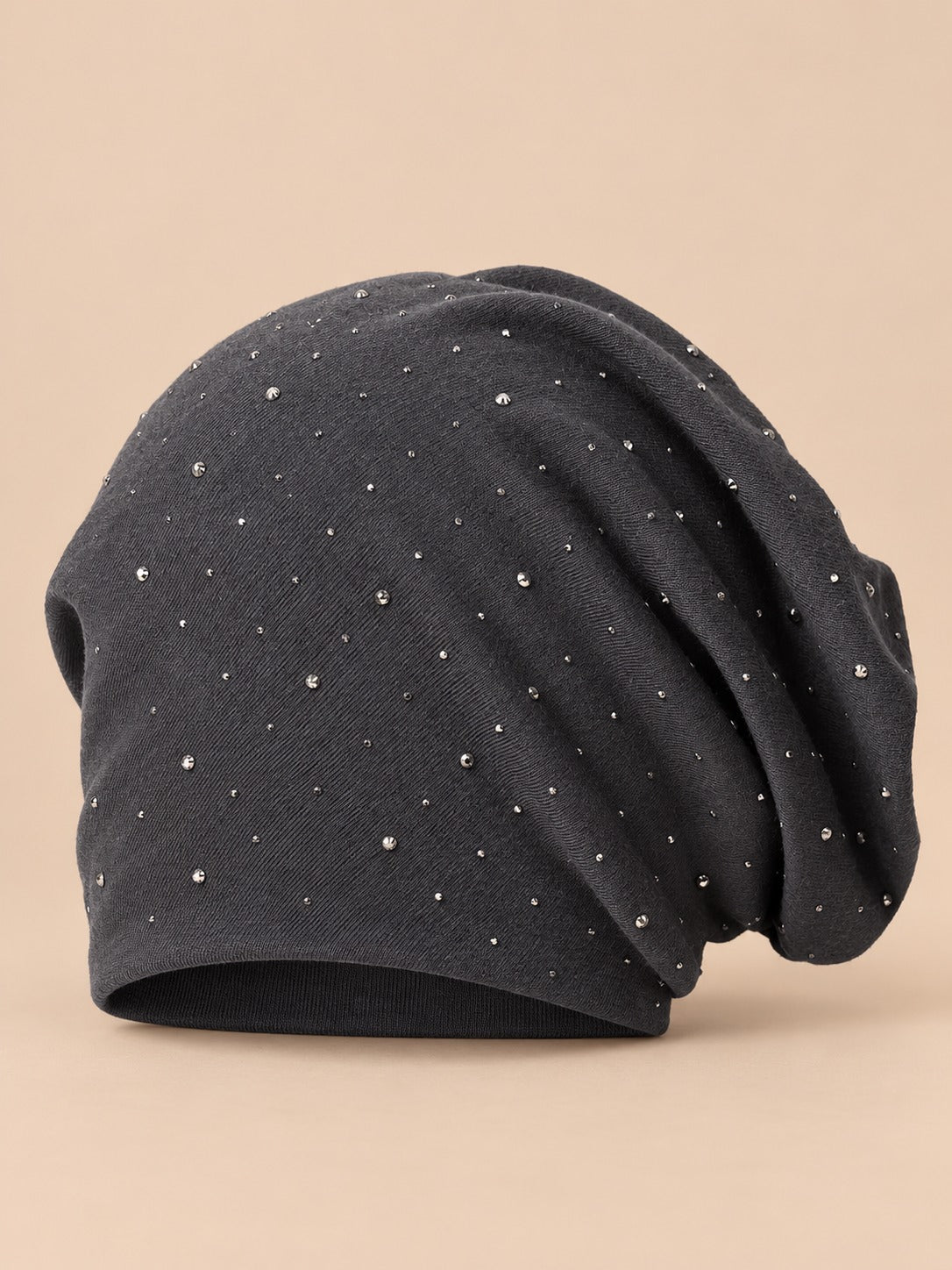 Bonnet slouchy femme à strass en coton tricoté, gris, vue de face