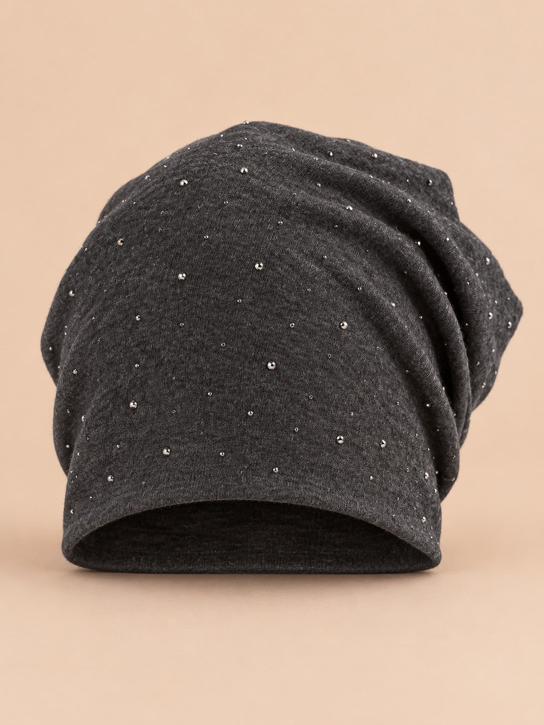 Bonnet slouchy femme à strass en coton tricoté, gris foncé, vue de face