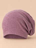 Bonnet slouchy femme à strass en coton tricoté, violet, vue de face