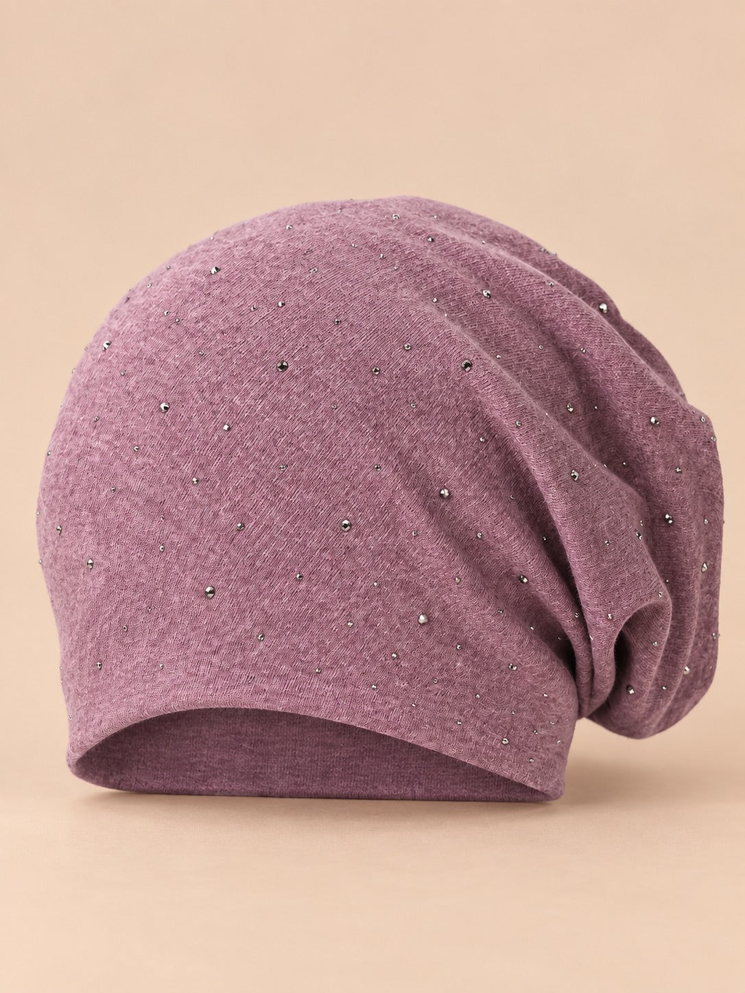 Bonnet slouchy femme à strass en coton tricoté, violet, vue de face