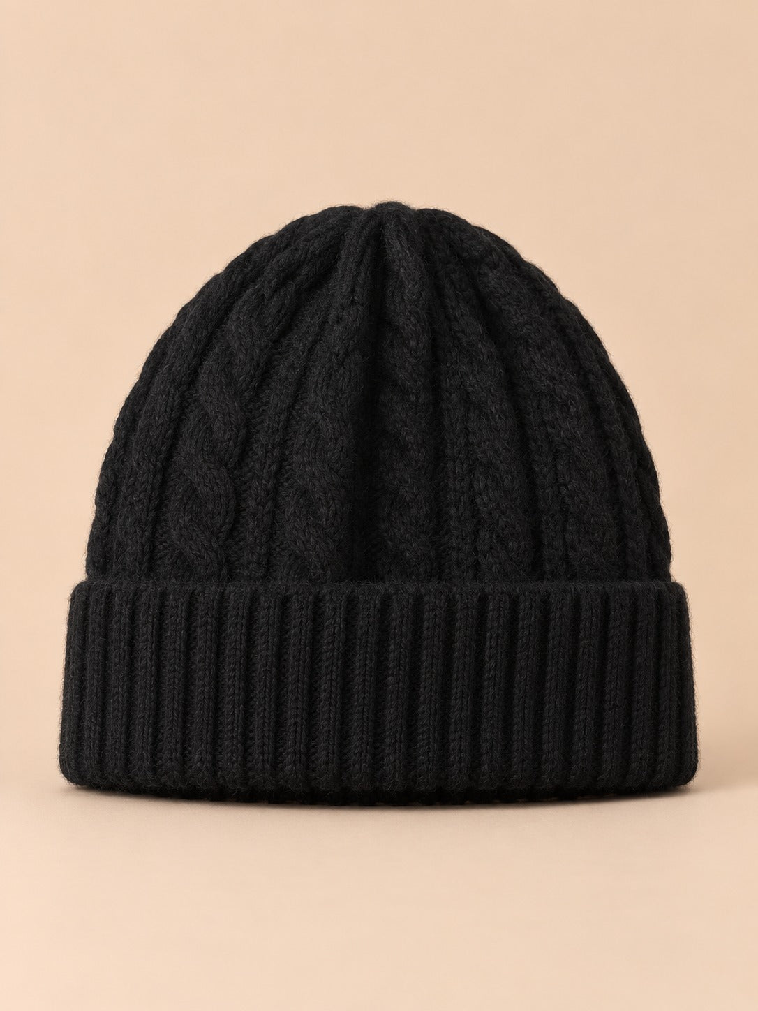 Bonnet torsadé femme en pure laine, noir, vue de face