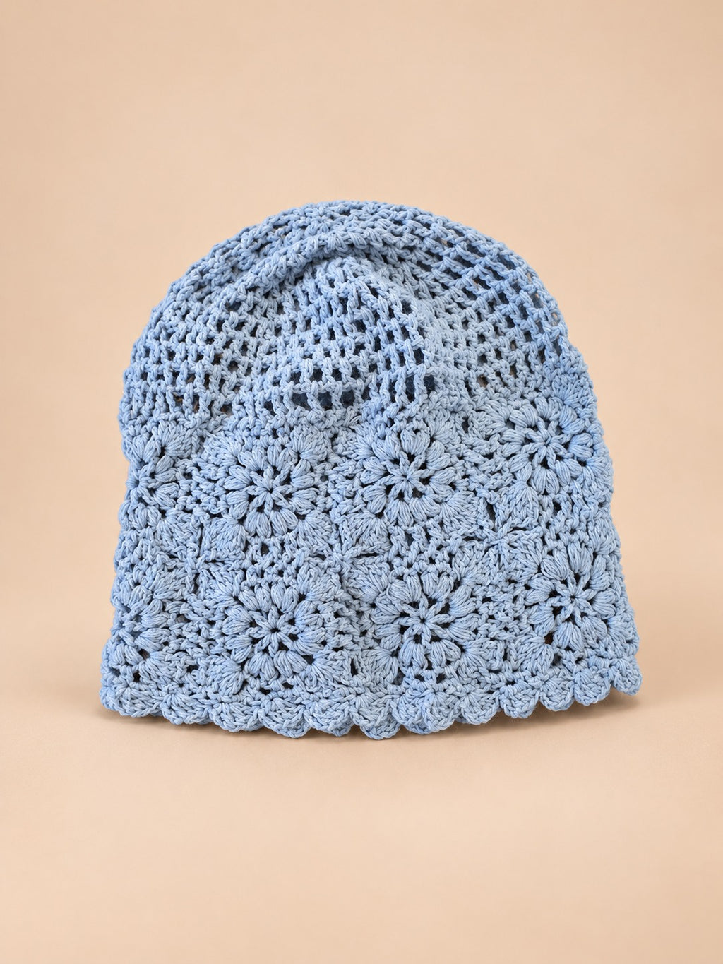 Gorro turbante calado de ganchillo, estilo japonés retro, color azul, vista frontal