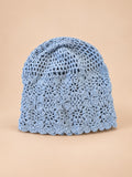 Gorro turbante calado de ganchillo, estilo japonés retro, color azul, vista frontal