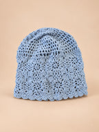 Gorro turbante calado de ganchillo, estilo japonés retro, color azul, vista frontal
