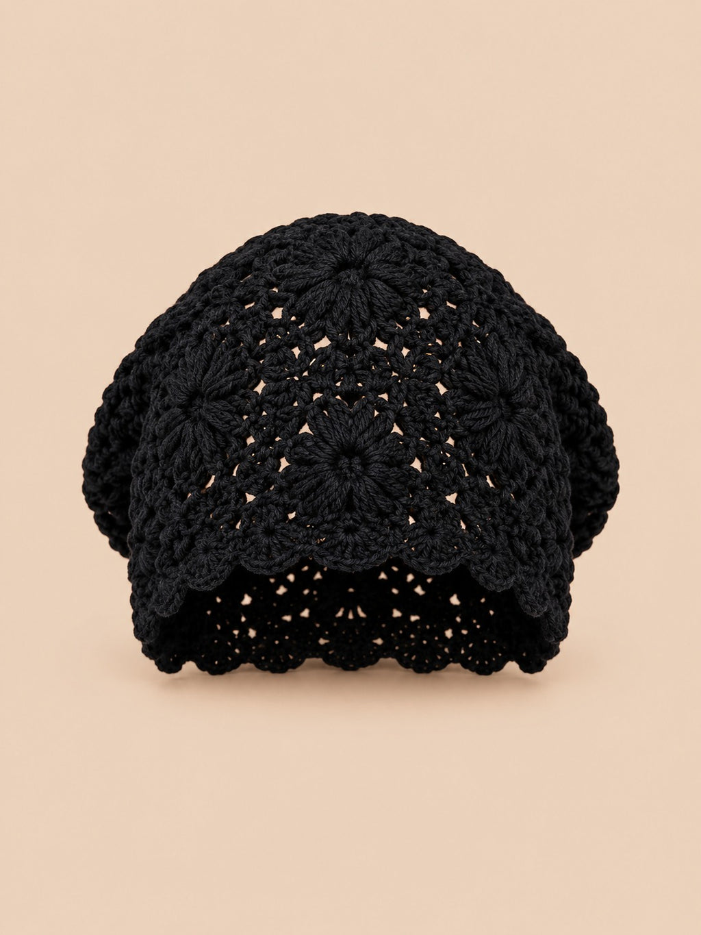 Gorro turbante calado de ganchillo, estilo japonés retro, color negro, vista frontal