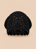 Gorro turbante calado de ganchillo, estilo japonés retro, color negro, vista frontal