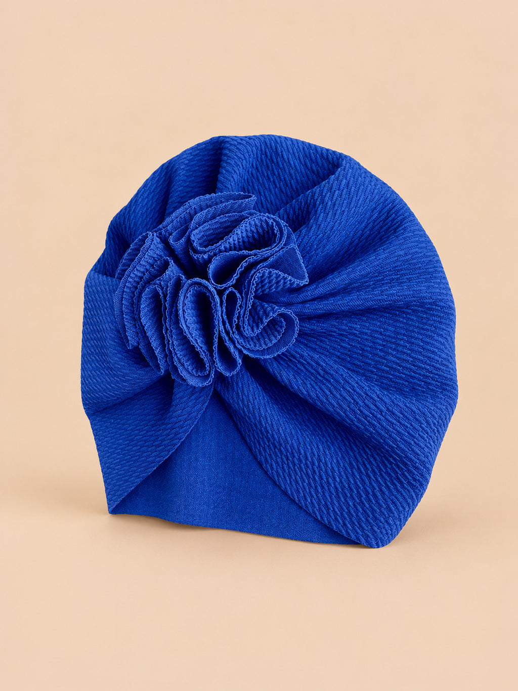 Bonnet turban bébé fille à fleur en tissu, bleu, vue de trois quarts