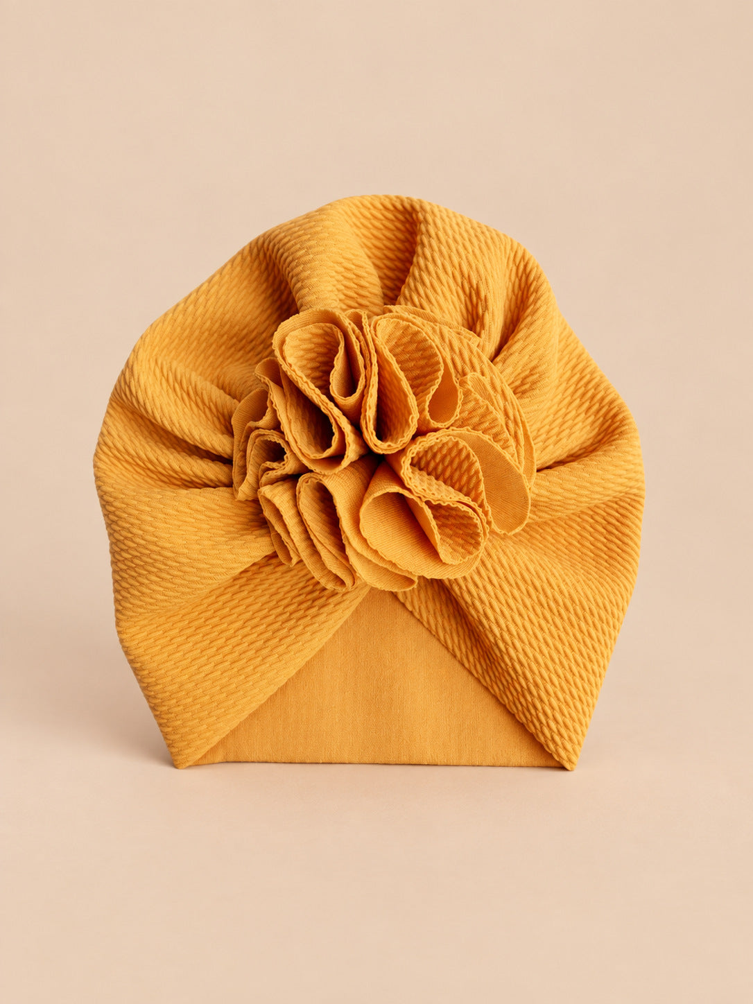 Bonnet turban bébé fille à fleur en tissu, jaune, vue de face