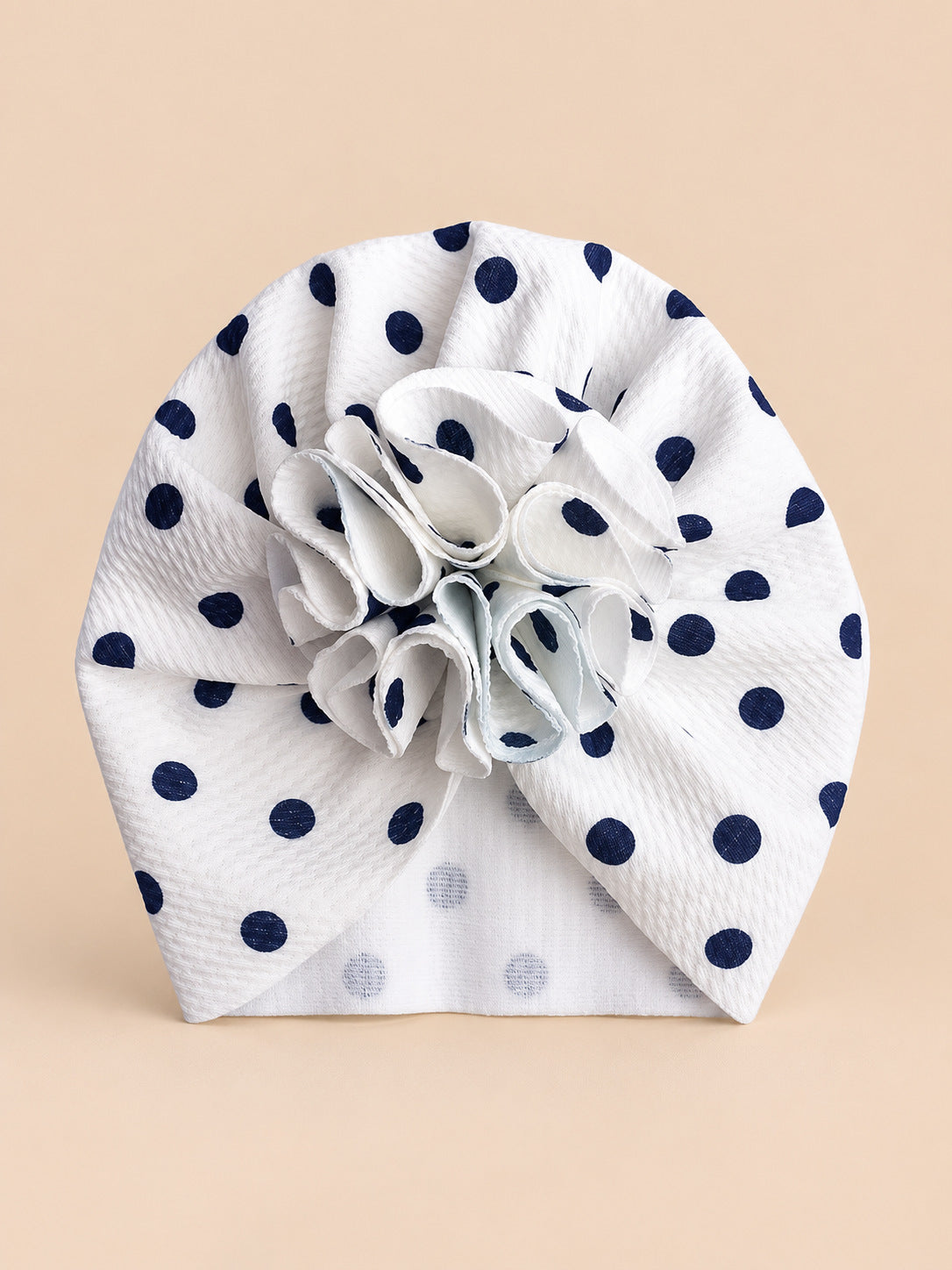 Bonnet turban bébé fille à fleur en tissu, noir à pois, vue de face