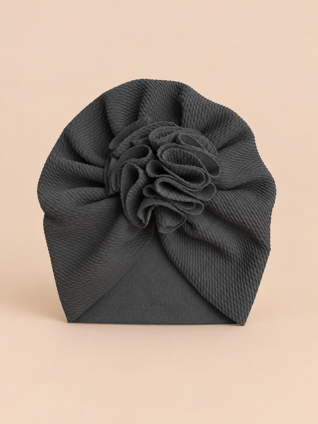 Bonnet turban bébé fille à fleur en tissu, noir, vue de face