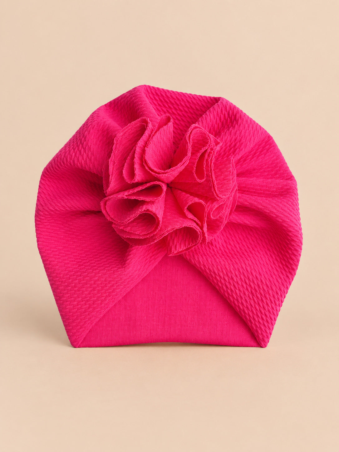 Bonnet turban bébé fille à fleur en tissu, rose fuchsia, vue de face