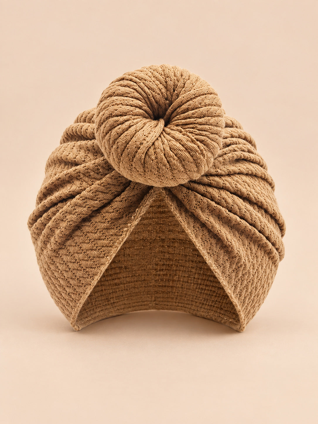 Bonnet turban bébé fille assorti mère-enfant, café, modèle à rosace, vue de face